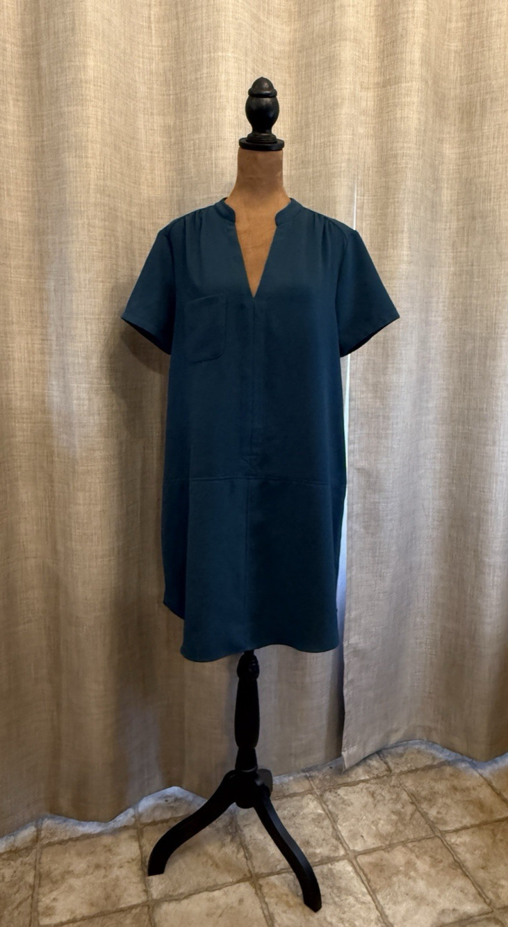 Lush Womens Split V-Neck Blue Solid Pocket Short Sleeve Shift Dress Medium